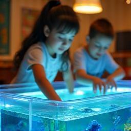 Students exploring a portable touch-tank in the classroom